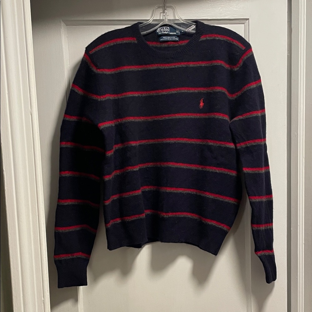 Polo by Ralph Lauren Men's Striped Navy and Red Crewneck Sweater